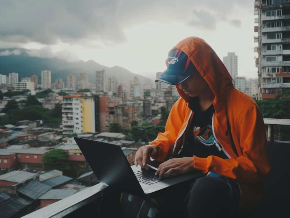 Freelance Web Developer Working On A Laptop With Cebu City Skyline